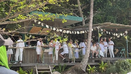 Mission Beach real estate agents Susie England and Tania Steele of Tropical Property were among locals invited behind the scenes of shooting for the hit Netflix show Irreverent. Picture: Susie England