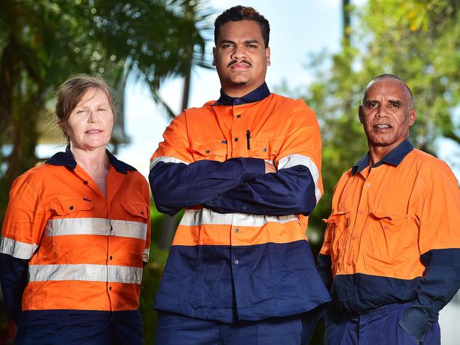 Jangga Step by Step program students Cheryl Rabig, Trakium Prior-Barry and Cedric Nogar are being trained for potential work on the Adani project. Picture: Shae Beplate