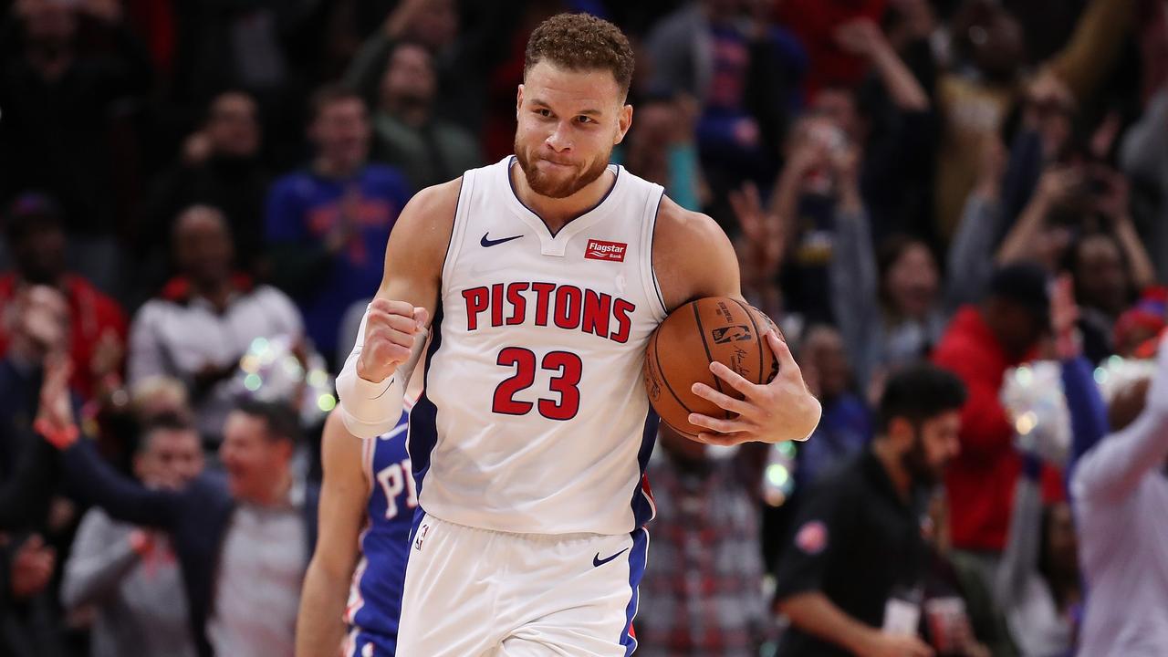 Blake Griffin of the Detroit Pistons celebrates a 133-132 overtime win over the Philadelphia 76ers.