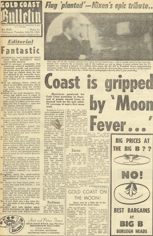 Gold Coast Bulletin front page. July 22, 1969, July 22