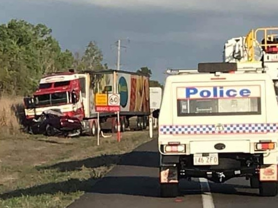 A 26-year-old Townsville man was killed instantly when his car collided with a B-double on the Bruce Highway at Bluewater. Photo: Sharni Anderson/Facebook