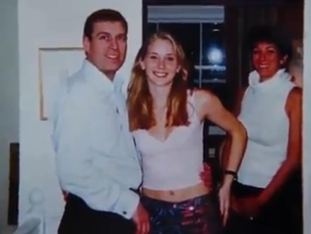 Prince Andrew, Virginia Roberts Giuffre and Ghislaine Maxwell are pictured together inside Maxwell’s London home. Picture: Screengrab/Channel 9/60 Minutes.