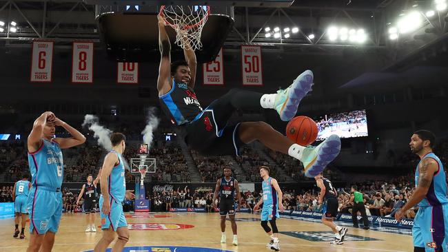 Ariel Hukporti shows off his talents for Melbourne United. Picture: Kelly Defina/Getty Images