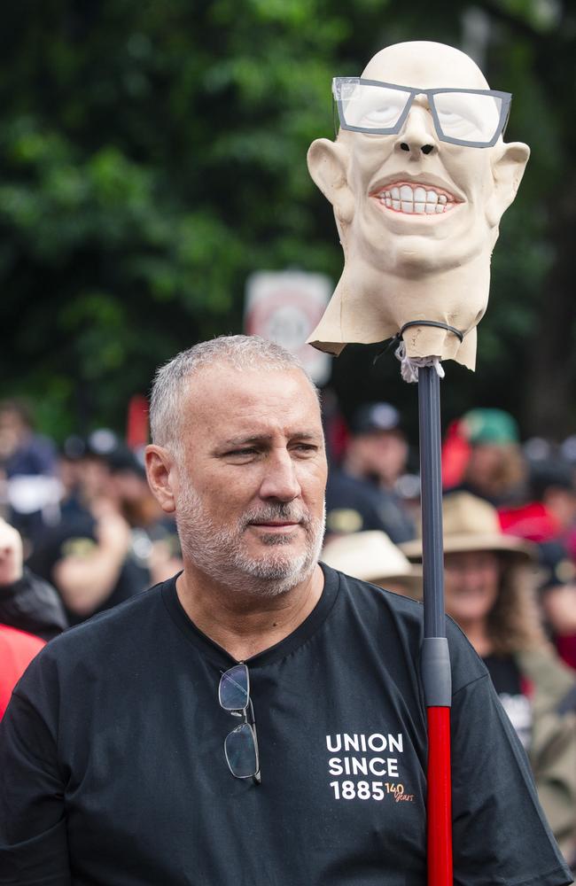 A likeness of Peter Dutton’s head on a stick during Monday’s Labour Day march. P Picture: NewsWire / Glenn Campbell