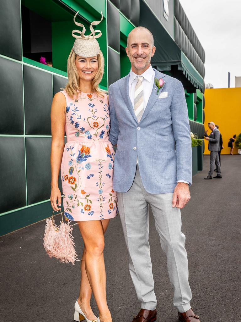 Oaks Day, Flemington. 2023. Melbourne. Geoff Ogilvy vie and Bree Laughlin. Picture: Jake Nowakowski