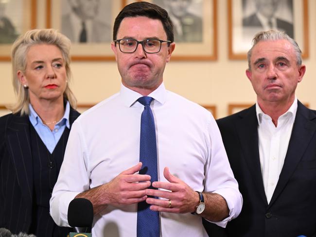 Nationals Leader David Littleproud, Deputy Leader Kevin Hogan and Senate Leader Bridget McKenzie speak to the media on Tuesday. Picture: Lukas Coch