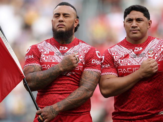 Addin Fonua-Blake (L) gave Sharks fans an irresistible taste of what to expect in 2025. Picture: Matt King/Getty Images