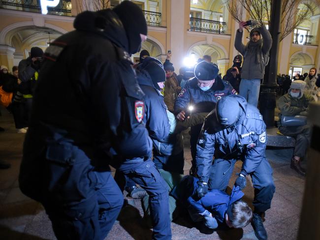 Police officers detain demonstrators during a protest against Russia's invasion of Ukraine in central Saint Petersburg on March 2. Picture: Olga Maltseva / AFP