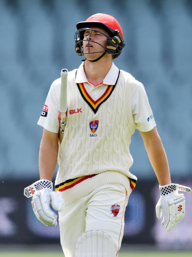 Henry Hunt of the Redbacks walks from the field after his dismissal during day four of the Sheffield Shield match against New South Wales at Adelaide Oval. Picture: AAP/David Mariuz