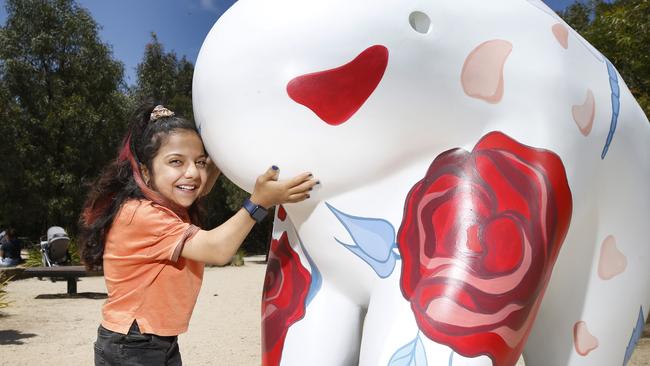 The UooUoo Sculpture adds colour and fun to Royal Park Nature Play. Hasti Momeni, 13, was a big fan of the work by artist Justine Millsom. Picture: David Caird