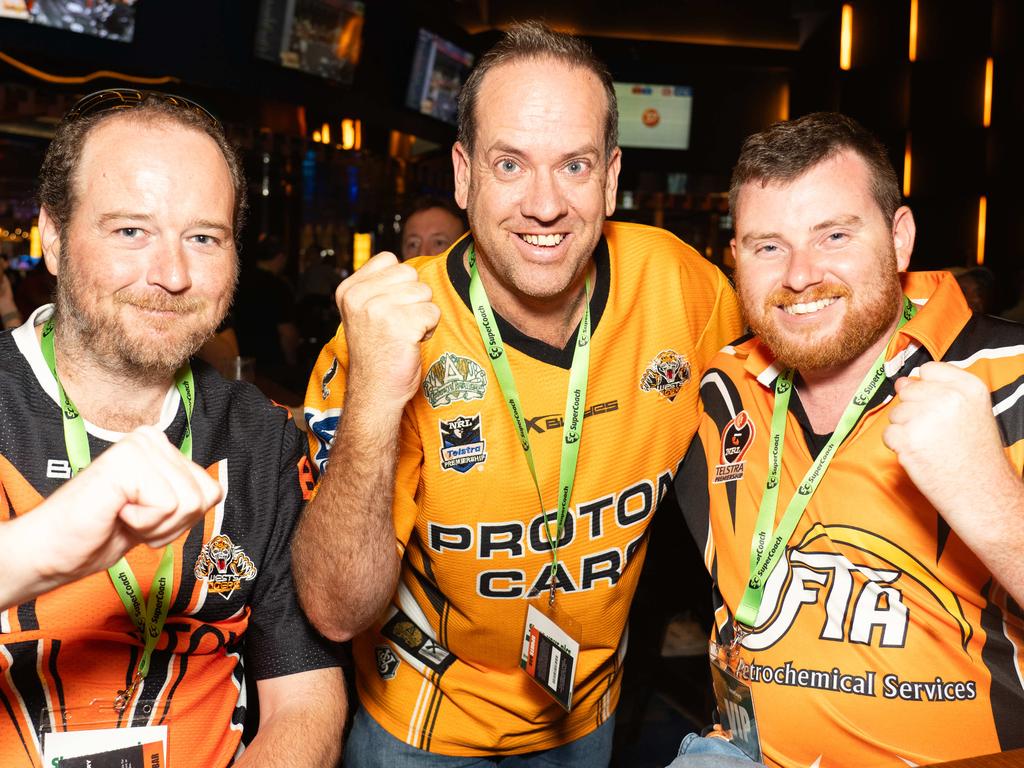 NRL fans Wackos, Ross Mann and Jarrod Watson at the SuperCoach Viva non-Vegas Party at the Star Casino in Sydney. Picture: Tom Parrish