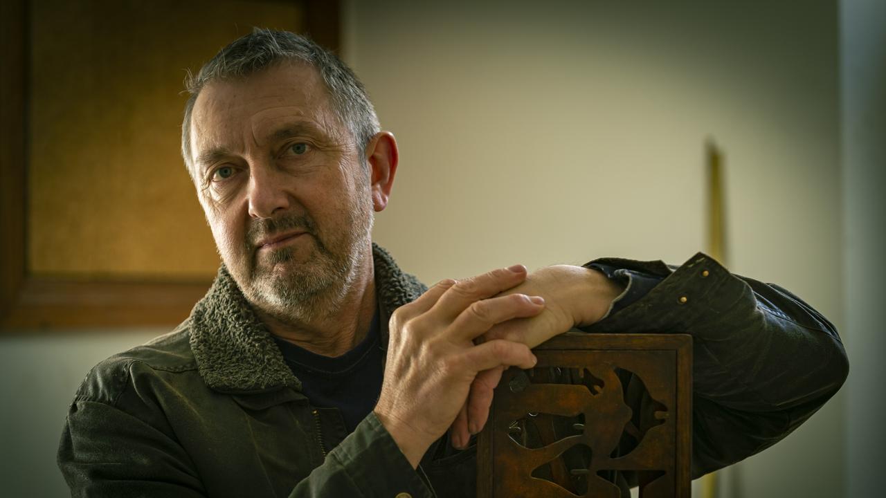 <p>Sculptor Ian Munday in his studio in June, 2021 with some pieces from his exhibition, Working Through Solid Air. Picture: MATHEW FARRELL</p>