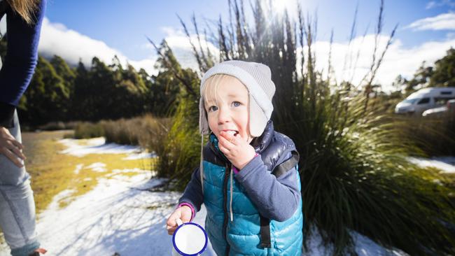 Ollie Fowler, 1 enjoying the snow on Mt Wellington / kunanyi. Cold weather and snow in Hobart. Picture: Richard Jupe