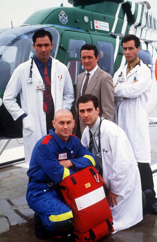 TV show 'Medivac' cast, actor Nicholas Eadie, Graeme Blundell, Eugene Gilfedder, Grant Bowler &amp; Mark Constable Blundell/Actor Bowler/Actor Constable/Actor Eadie/Actor Gilfedder/Actor