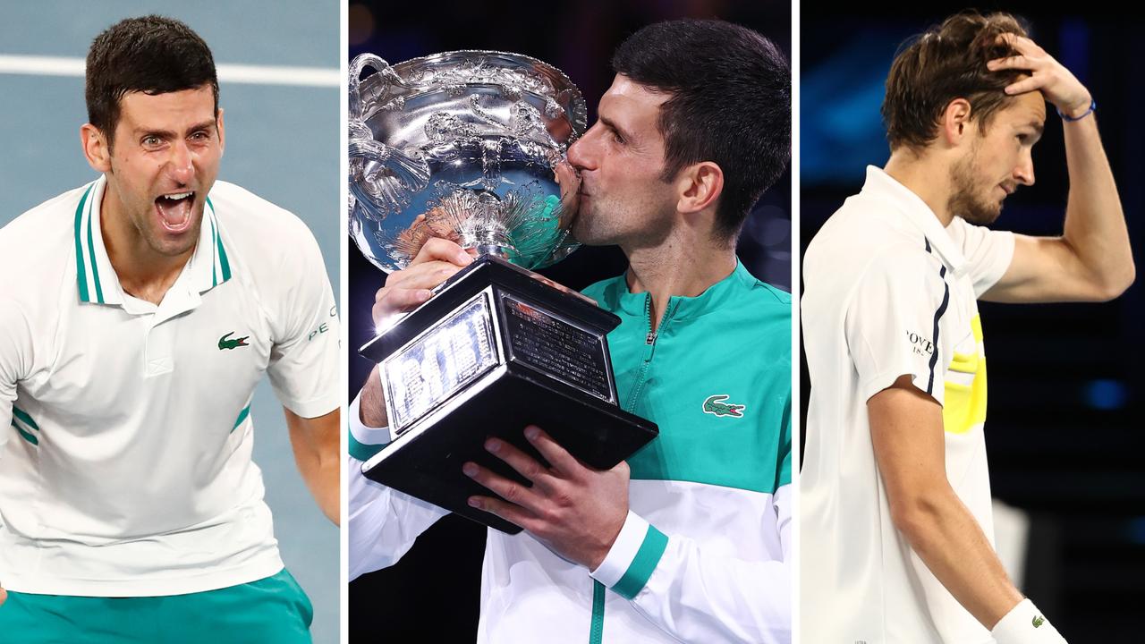 Novak Djokovic claims a ninth Australian Open crowd.