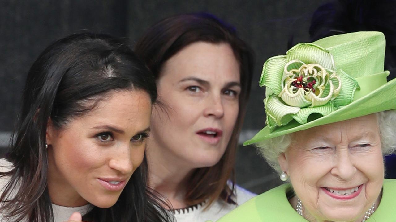 Samantha Cohen (centre) with Meghan, Duchess of Sussex, and Queen Elizabeth II. Picture: Getty Images