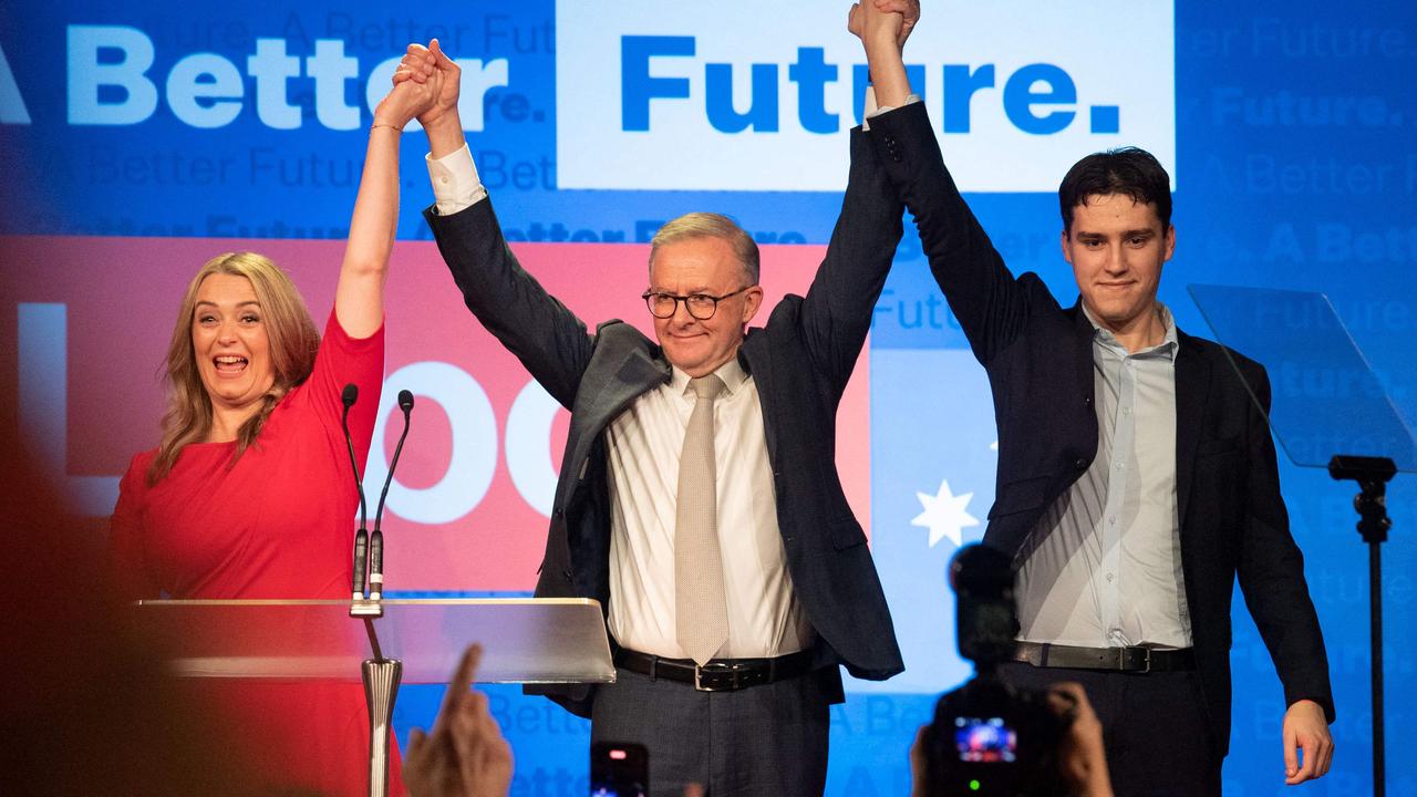 Anthony Albanese (C), accompanied by his partner Jodie Haydon and son Nathan Albanese, after winning the 2022 general election. Picture: Wendell TEODORO / AFP