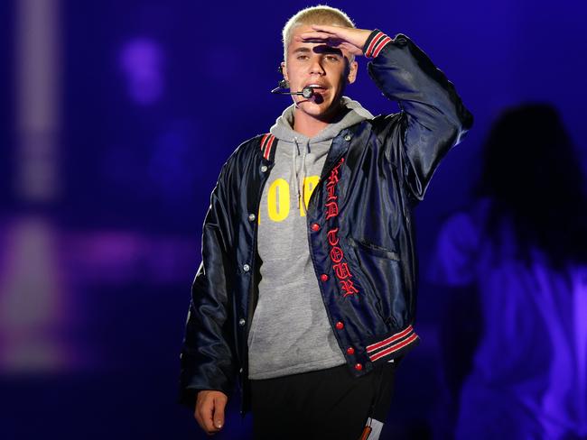 Justin Bieber looks out to the 70,000 fans packed inside ANZ Stadium, Homebush, Sydney. Picture: Jonathan Ng