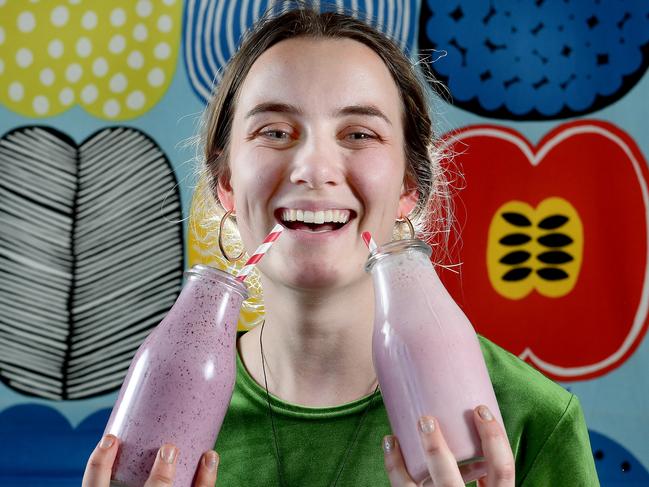 Ella Davis of Mile End (0449669353)  with a Mixed Berry and  Strawberry pink milkshake at Swedish Tarts Henley Beach. The story is on the rise of shakes. Picture Campbell Brodie.