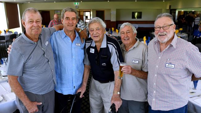 Former West Torrens footballers Brenton Bills, Glen Pill, Jim Coverlid, John Cowling and John Graham during a reunion of past players at West Lakes Golf Club this month. Picture: AAP/Mark Brake