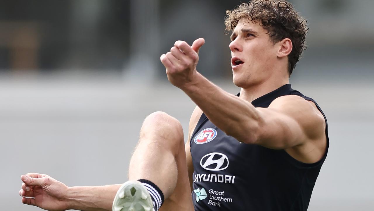 Charlie Curnow told reporters he was refreshed and ready to make his mark on the preliminary final after Carlton’s training. Picture: Michael Klein