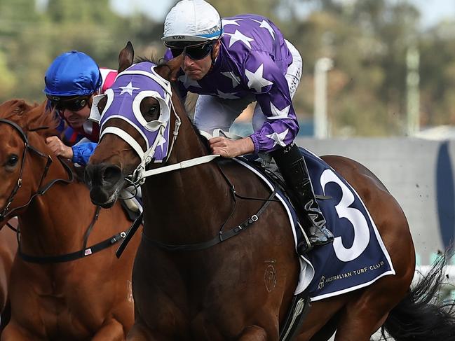 SYDNEY, AUSTRALIA - OCTOBER 12:  Tommy Berry riding Olentia wins Race 9 The Nivison during Sydney Racing at Rosehill Gardens on October 12, 2024 in Sydney, Australia. (Photo by Jeremy Ng/Getty Images)