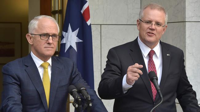 Then treasurer Scott Morrison beside then prime minister Malcolm Turnbull in August.