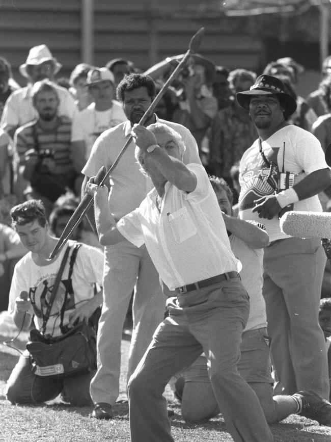 Prime minister Bob Hawke throwing a spear at Barunga in 1988