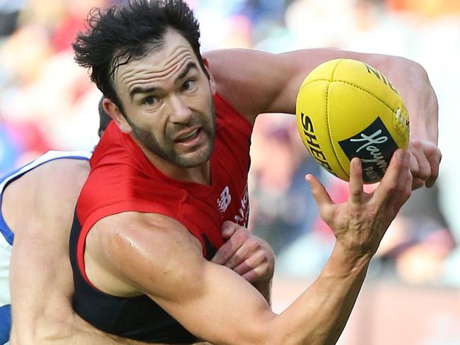 AFL  :  Round 9 , Melbourne vs North Melbourne at the M.C.G. 21st May , Melbourne Australia.  Melbourne's Jordan LewisPicture : George Salpigtidis
