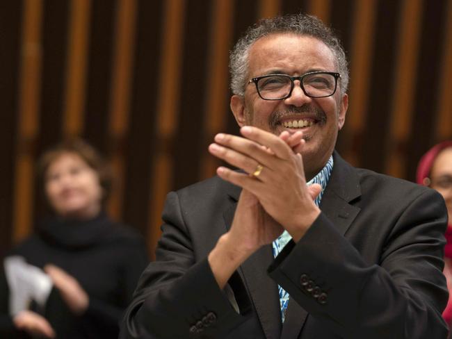 World Health Organisation Director-General Tedros Adhanom Ghebreyesus reacting at the World Health Assembly virtual meeting. Picture: AFP