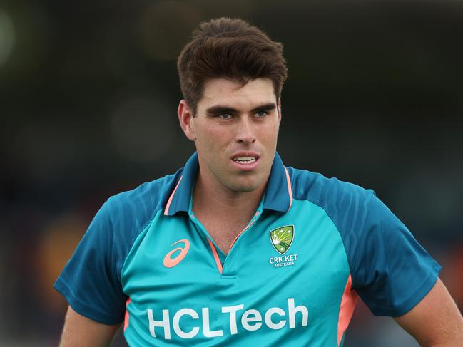 CANBERRA, AUSTRALIA - FEBRUARY 06:  Xavier Bartlett of Australia looks on prior to game three of the Men's One Day International match between Australia and West Indies at Manuka Oval on February 06, 2024 in Canberra, Australia. (Photo by Matt King/Getty Images)