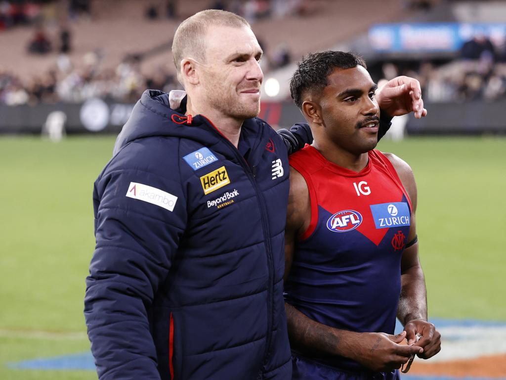 Simon Goodwin and Kysaiah Pickett on Friday night. Picture: Darrian Traynor/Getty Images