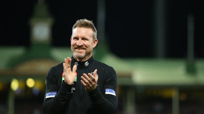 Nathan Buckley after his final game as Collingwood coach last year. Picture: Jason McCawley/AFL Photos/via Getty Images