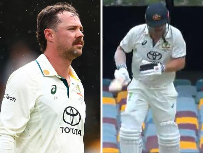 Travis Head pulled up sore in his second innings. Photos: Getty Images/Fox Sports