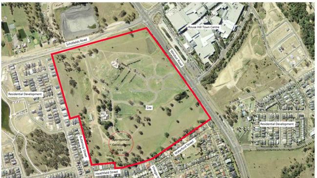 Castlebrook Memorial Park (outlines in red) sits on the border of Kellyville Ridge and Rouse Hill.