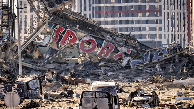 Damage at the Retroville shopping mall, a day after it was shelled by Russian forces in a residential district in the northwest of the Ukranian capital Kyiv. Picture: AFP