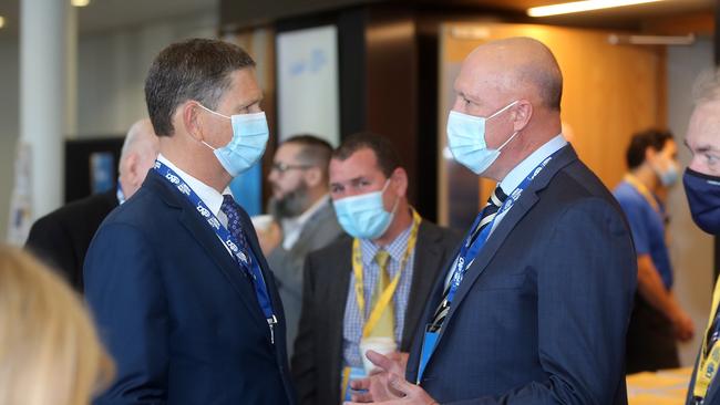 Lawrence Springborg speaks with Peter Dutton. Picture: Richard Gosling