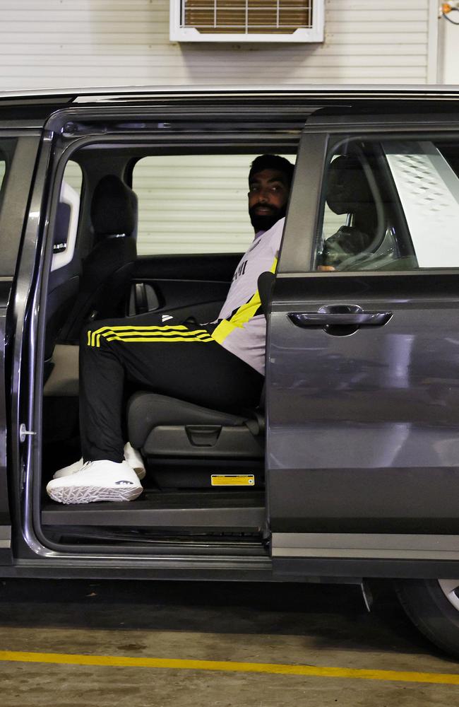 Jasprit Bumrah looked in discomfort as he entered the team van in the bowels of the SCG. Picture: Sam Ruttyn