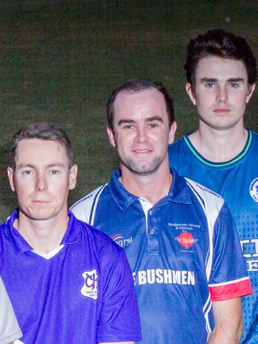 Mudgeeraba Nerang’s Dylan McLaughlin (centre) with Coomera’s Ryan Soars and Broadbeach’s Liam Denniston. Picture: Brett Amos