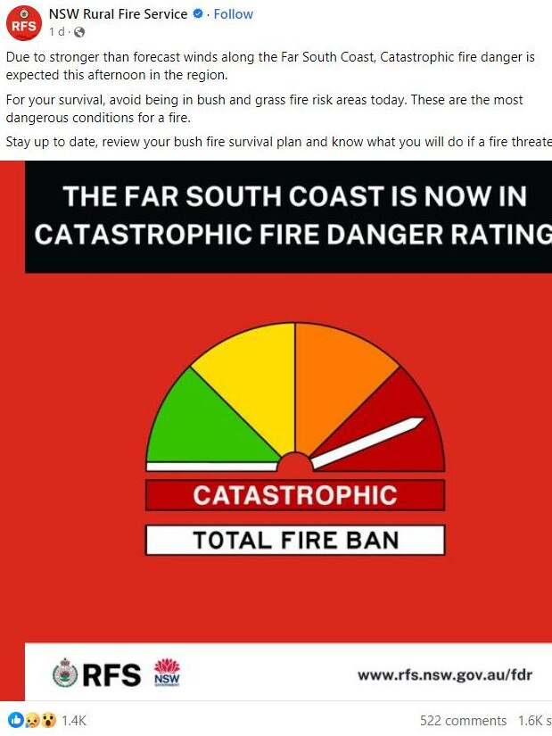 NSW Rural Fire Service catastrophic fire alert for the south coast of NSW