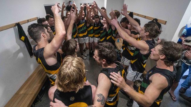 Dromana players whoop it up after beating Frankston Bombers. Picture: Valeriu Campan