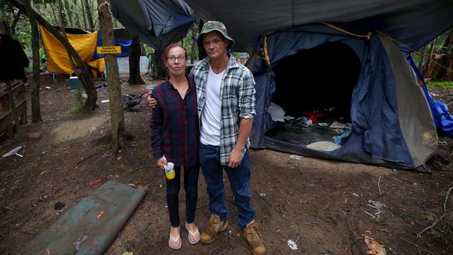 Josh Simmonds and his partner Evie have been living in what’s become known as Tent City behind the Coffs Harbour Neighbourhood Centre for six months after Covid destroyed their employment. Picture: Toby Zerna