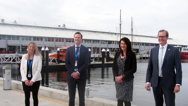 RACT Executive General Manager, Membership and Community, Stacey Pennicott, RACT Group CEO Mark Mugnaioni, Liberal member for Franklin Jacquie Petrusma and Transport Minister Michael Ferguson on the waterfront in Hobart on Wednesday August 26, 2020. PHOTO: DAVID KILLICK