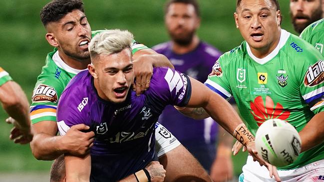 Melbourne’s Tino Fa’asuamaleaui will face his future Gold Coast teammates on Friday, and he wants David Fifita to join him next year. Picture: AAP Image/Scott Barbour