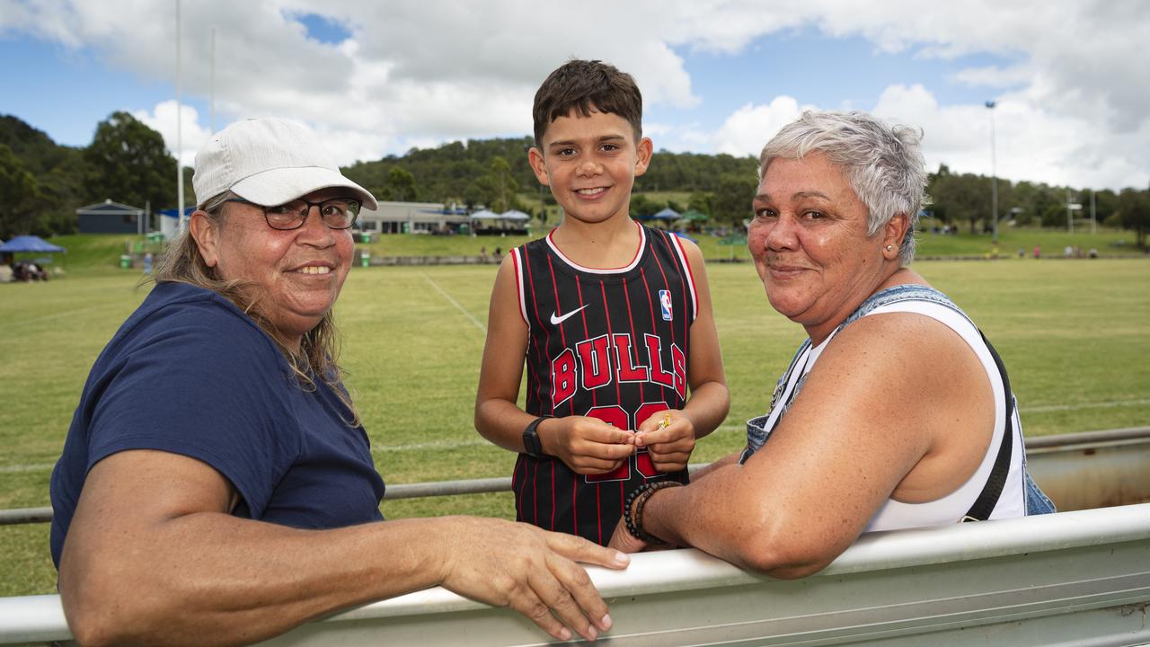 At the Warriors Reconciliation Carnival women's games are (from left) Lizzy Clevin, Evander Weribone and Sareeta Turnbull at Jack Martin Centre hosted by Toowoomba Warriors, Saturday, January 18, 2025. Picture: Kevin Farmer