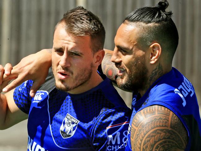 Josh Reynolds and Reni Maitua at Canterbury Bulldogs training at Belmore Oval ahead of their game against Manly. pic Mark Evans