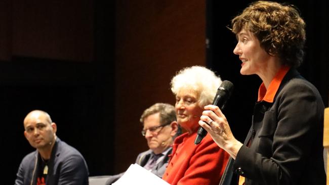 Yes23 director Thomas Mayo, former chief justice of Australia Robert French, child health researcher Fiona Stanley and Teal MP Kate Chaney discuss the voice in front of a packed Marist Auditorium in the Perth electorate of Curtin.