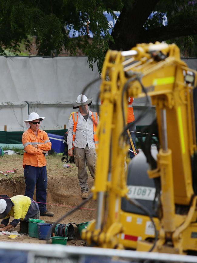 The RMS digging up Thompson Square for the planned Windsor Bridge work and have uncovered some historic drains in Windsor, NSW. Picture: Carmela Roche