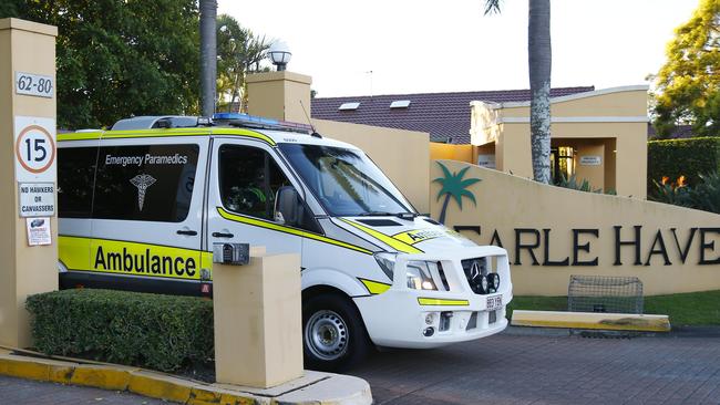 Ambulances and removal trucks leave the Earle Haven retirement complex last week. Picture: Tertius Pickard