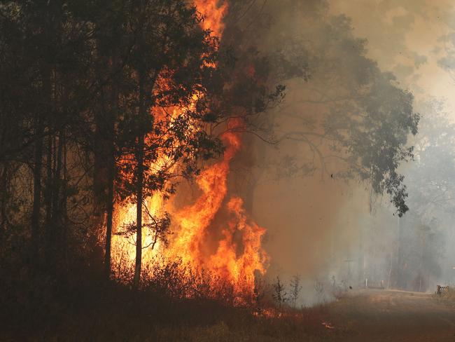 Firefighters battle bushfires in Busbys Flat, northern NSW, Wednesday, October 9, 2019. (AAP Image/Jason O'Brien)